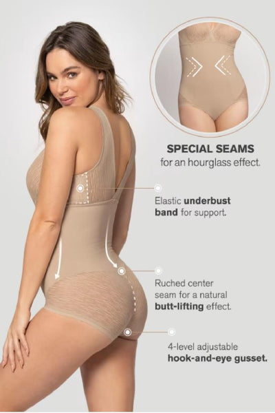 Leonisa Sheer Stripe Detail Sculpting Bodysuit 018517 Cafe Claro