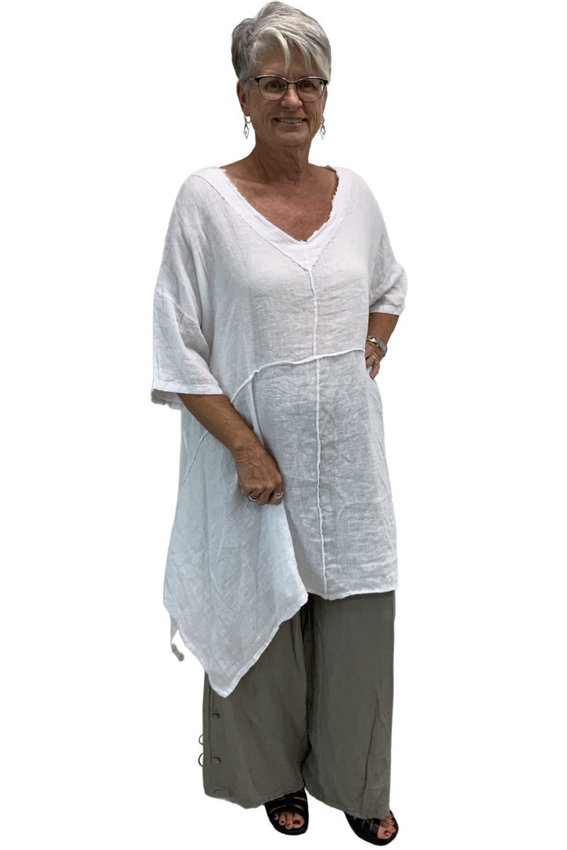 Plum Loco 100%Linen Tunic Top, White (AS22292)