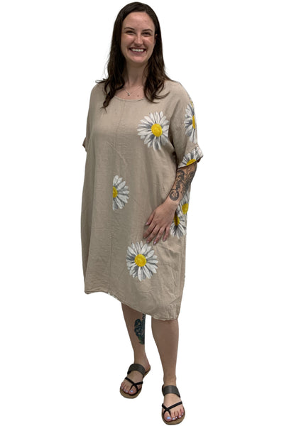 Plum Loco 100% Linen Daisy Print Dress, Camel (GM30262)