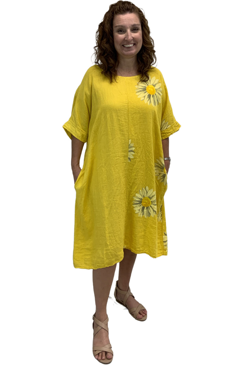 Plum Loco 100% Linen Daisy Print Dress GM30262 Bamboo