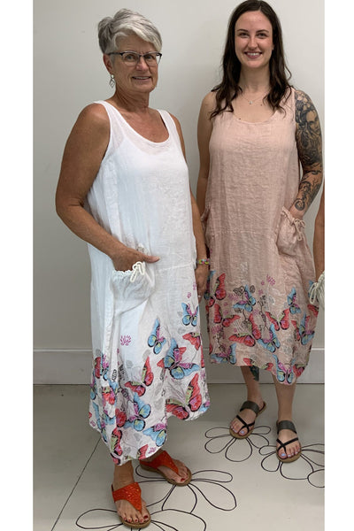 Plum Loco 100% Linen Butterflies Dress, White (TM0337BU)