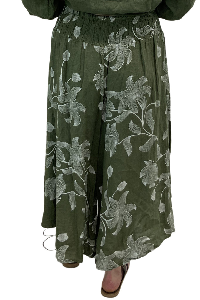 Plum Loco 100% Linen Lily Gaucho Pant, Khaki (TM8534LI)