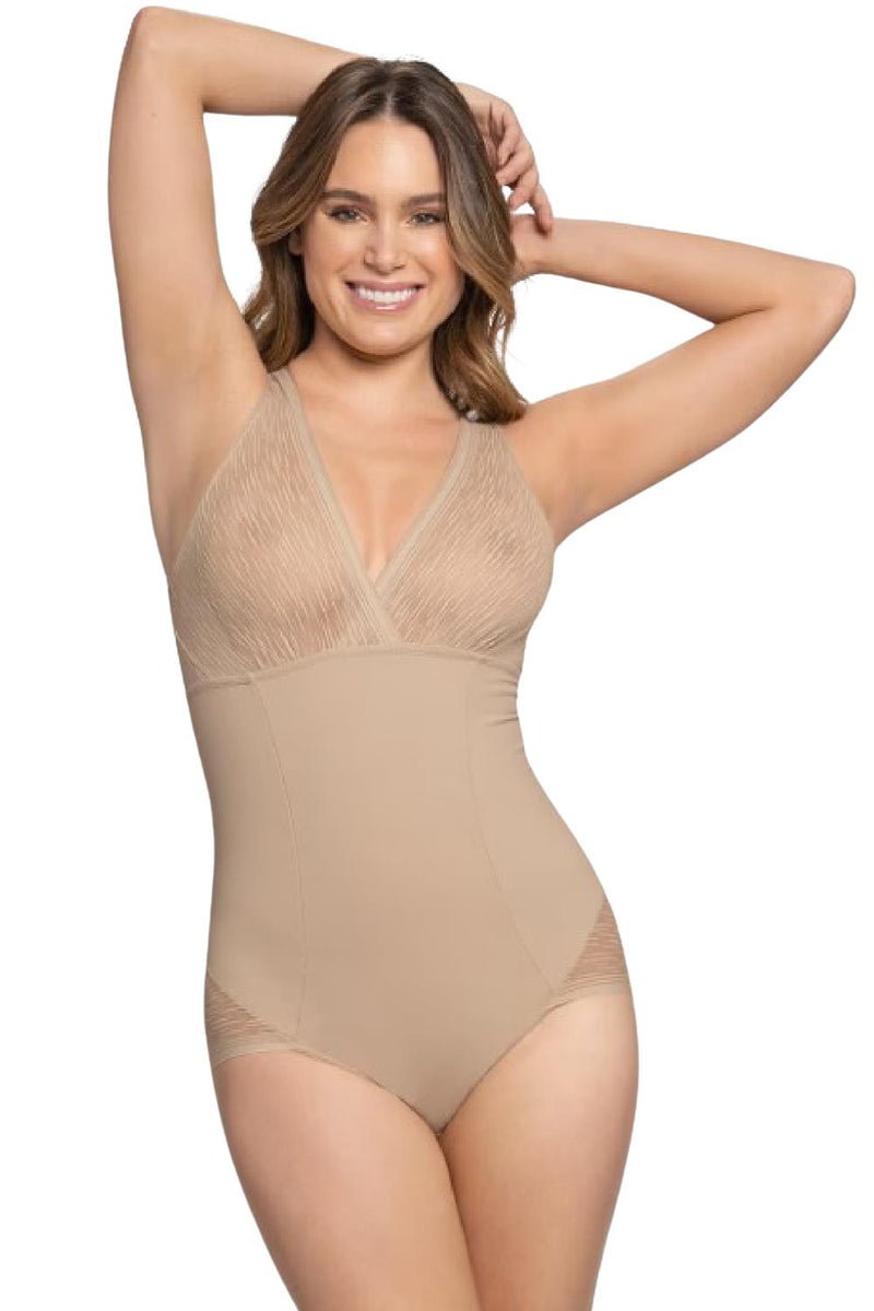 Leonisa Sheer Stripe Detail Sculpting Bodysuit 018517 Cafe Claro