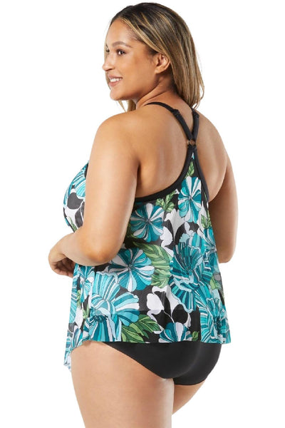 Beach House Women Deco Garden Plus Size Kerry Mesh Layer Tankini, Black Multi (HW06355)