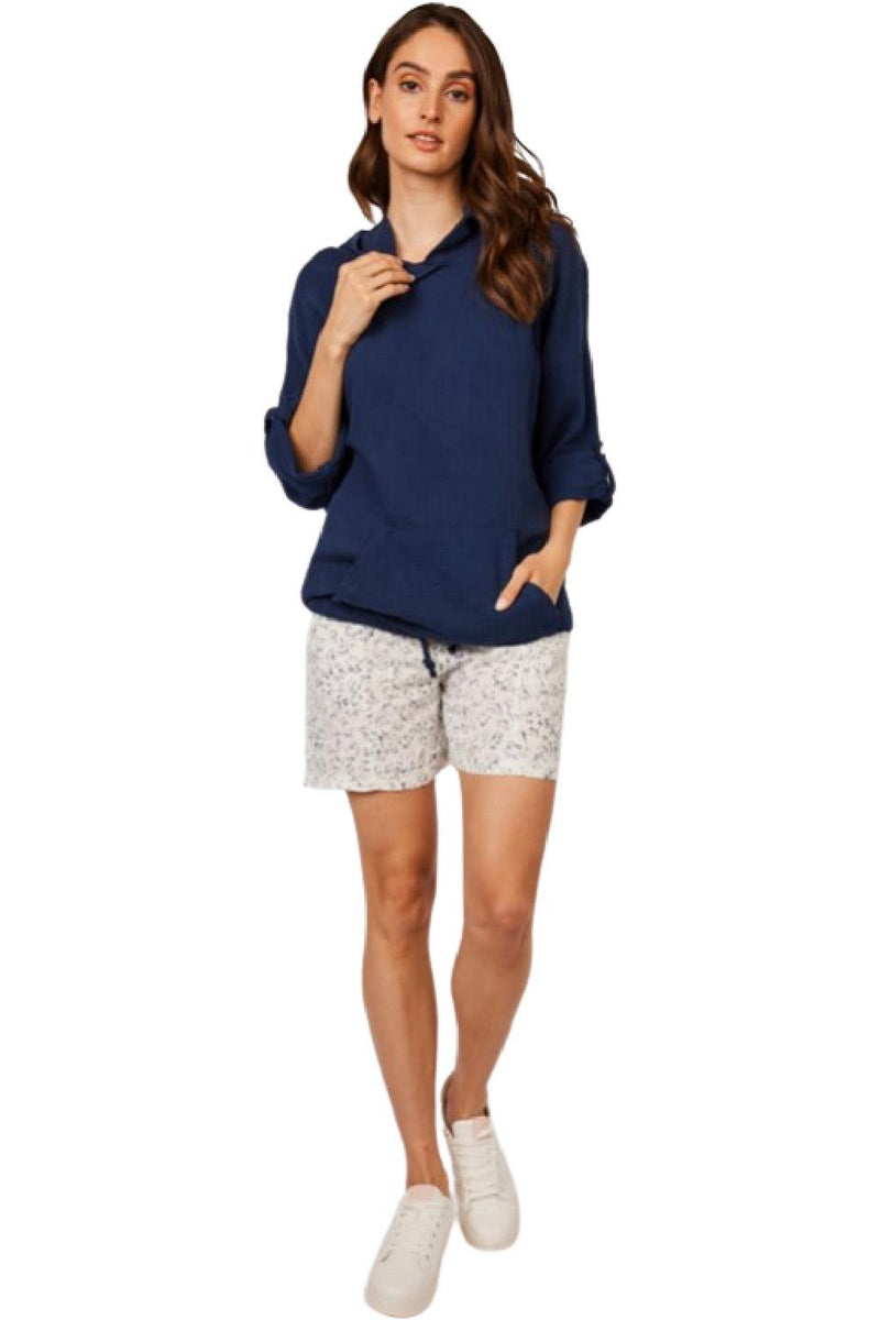 Pistache Waffled Cotton Hooded Top, Dark Denim (D22502)