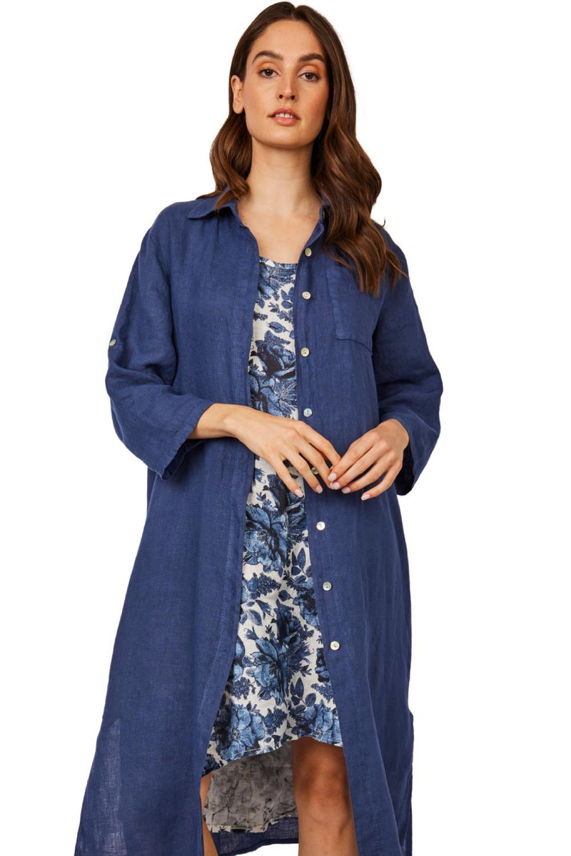 Pistache Sleeveless Linen Dress R0230-C6 Floral Blue Print