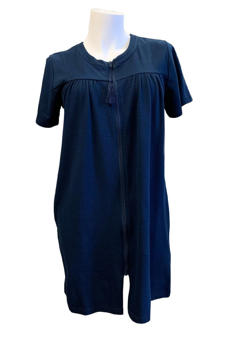 Patricia Waffle Knit Zip Front Short Robe, Navy (859-3C)