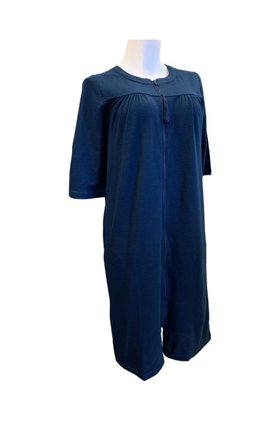 Patricia Waffle Knit Zip Front mid Length Robe, Navy, 859-C