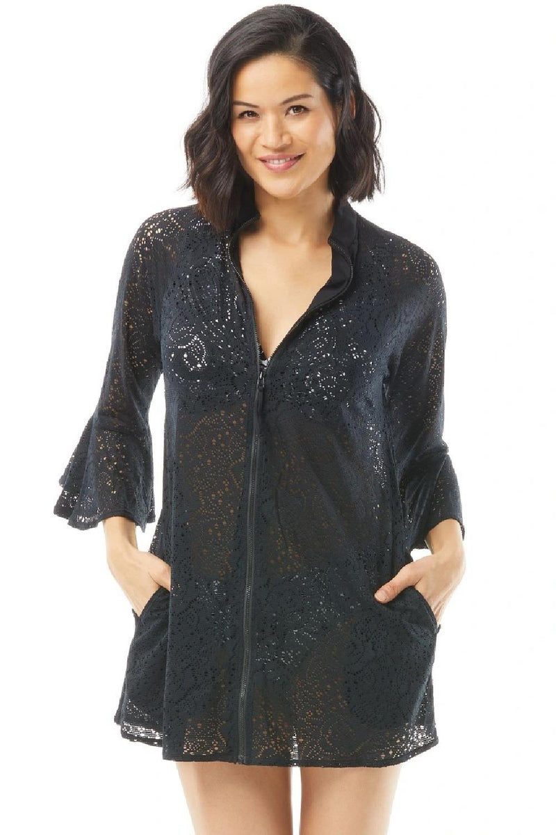 Beach House Vanessa Zip Front Crochet Cover Up H65972 Black