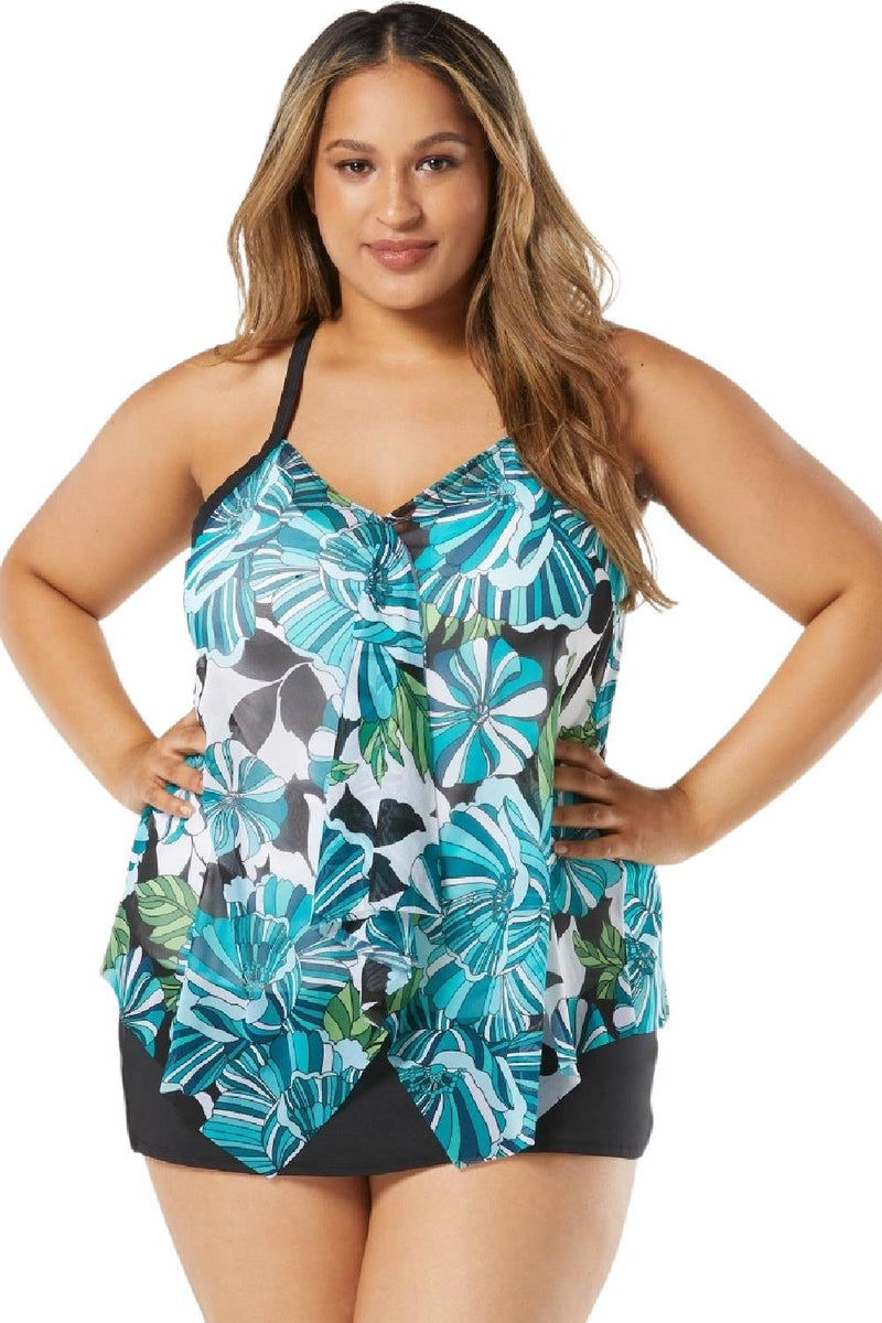 Beach House Women Deco Garden Plus Size Kerry Mesh Layer Tankini, Black Multi (HW06355)