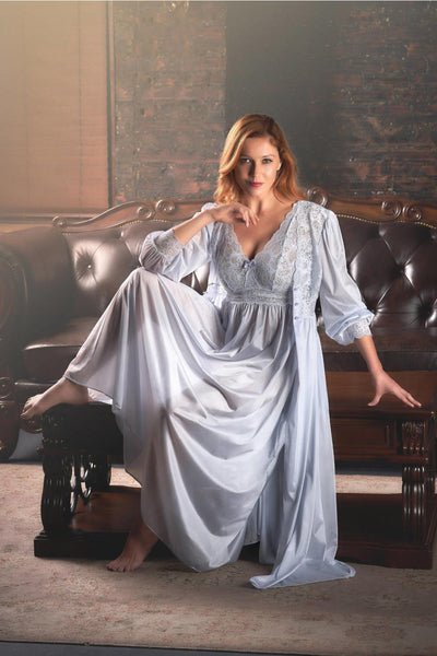 Shadowline Silhouette Long Lace Bodice Button Down Robe, Silver (71737)