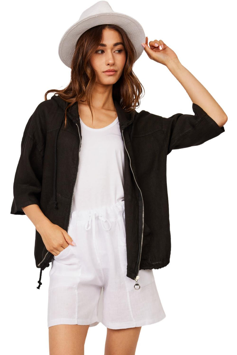 Pistache Hooded Linen Jacket with Zipper N3570 Black