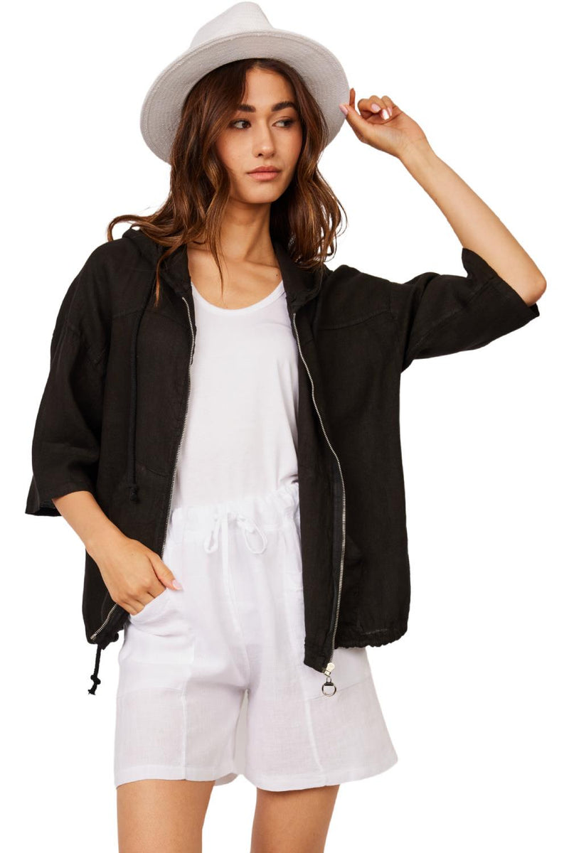 Pistache Hooded Linen Jacket w/Zipper N3570 Black
