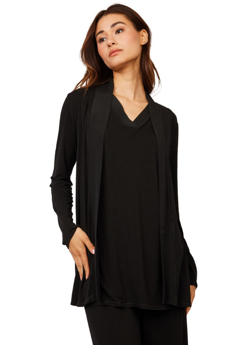 Pistache Viscose Cardigan with Crepe Trim, Black (M1492A)