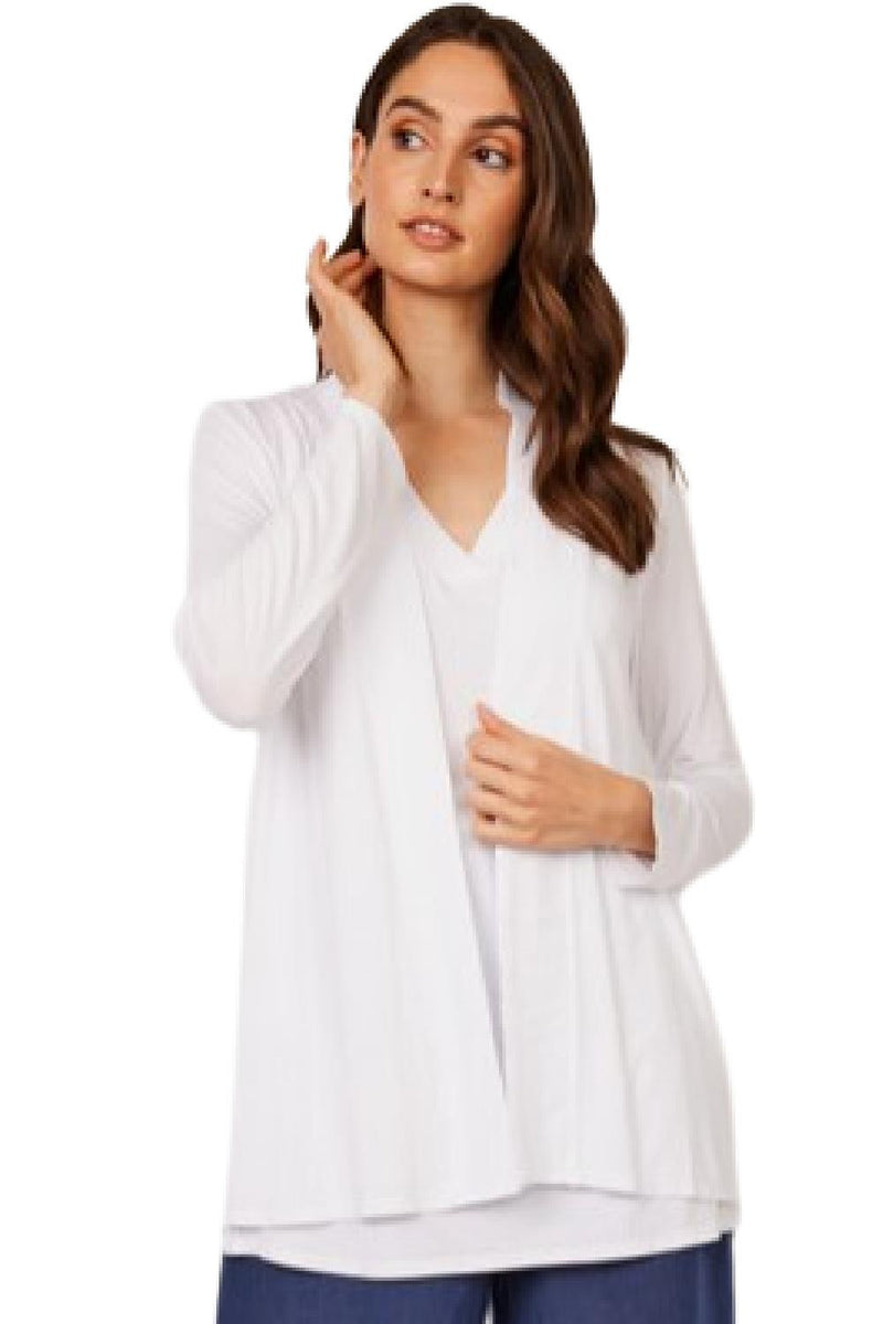 Pistache Viscose Cardigan with Crepe Trim, White (M1492A)