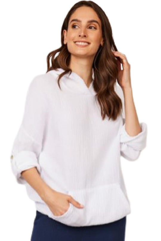 Pistache Waffled Cotton Hooded Top, White (D22502)
