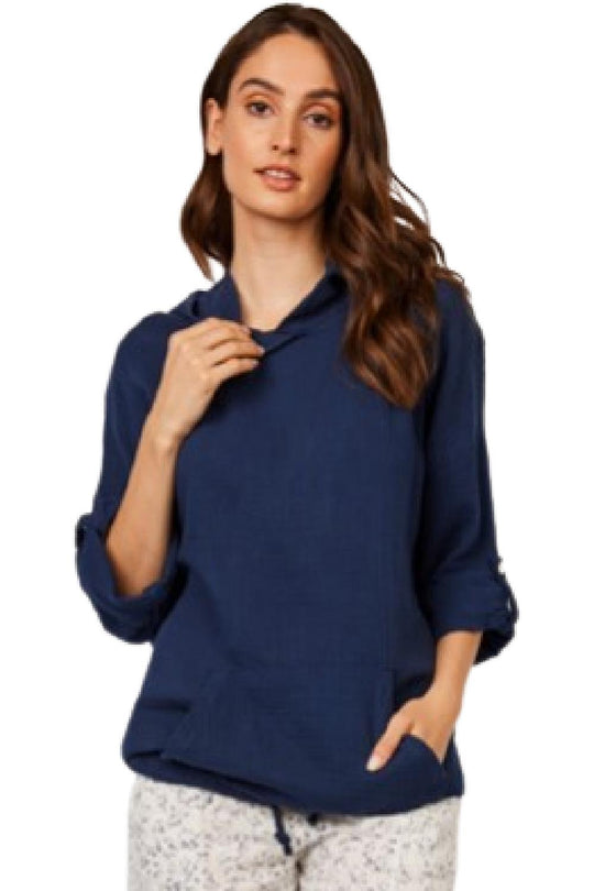 Pistache Waffled Cotton Hooded Top, Dark Denim (D22502)