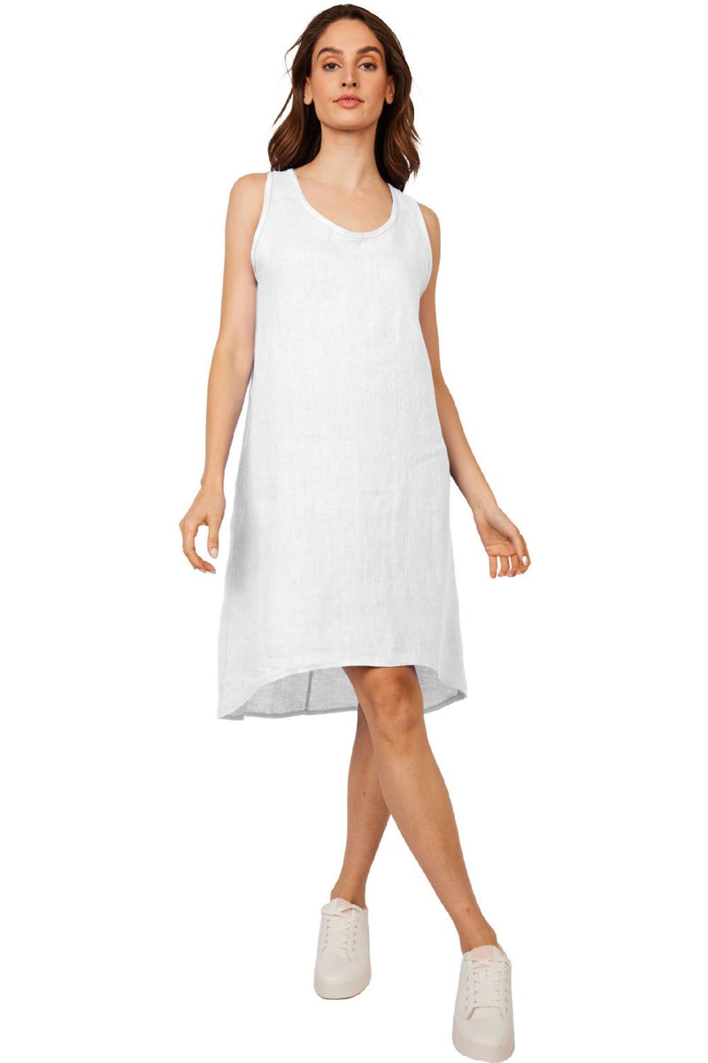 Pistache Sleeveless Hi Lo Hem Linen Dress, White (R0230)