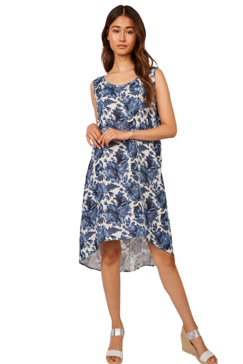 Pistache Sleeveless Linen Dress R0230-C6 Floral Blue Print