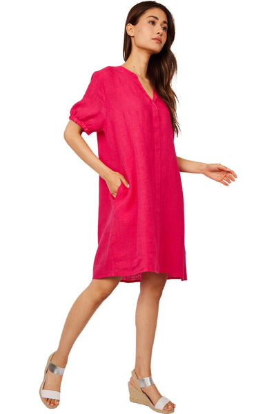 Pistache Linen Dress with Elastic Detail Sleeve, Fuchsia (D22623)