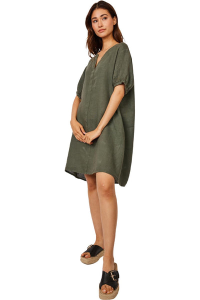 Pistache Linen Dress with Elastic Detail Sleeve, Safari (D22623)