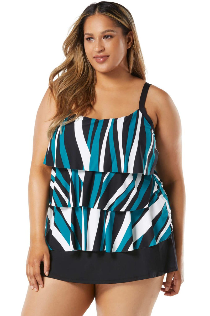 Beach House Jane Plus Size Ruffle Tiered Tankini Wave Pool Stripe Tankini HW08096