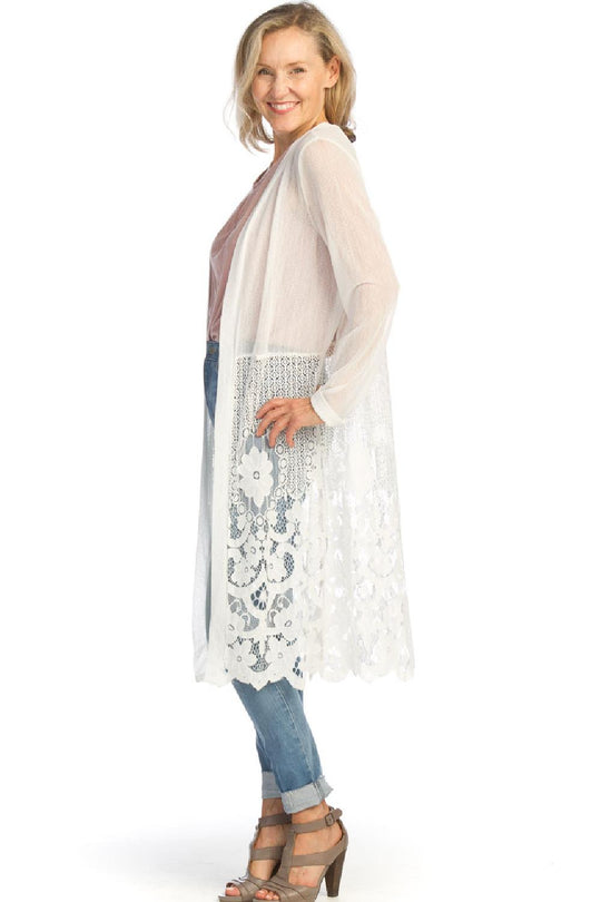 Papillon Mesh Stretch Cardigan with Lace, White (PT-07046)