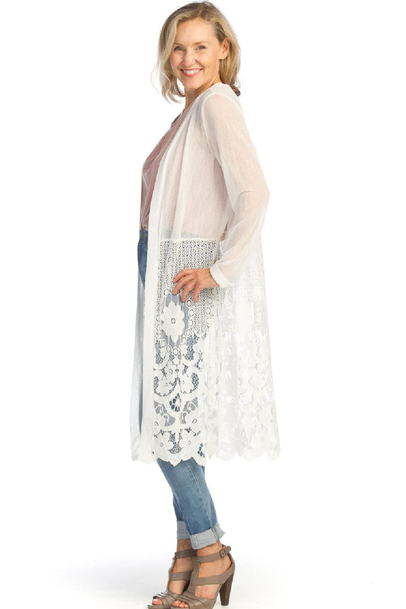 Papillon Mesh Stretch Cardigan with Lace, White (PT-07046)